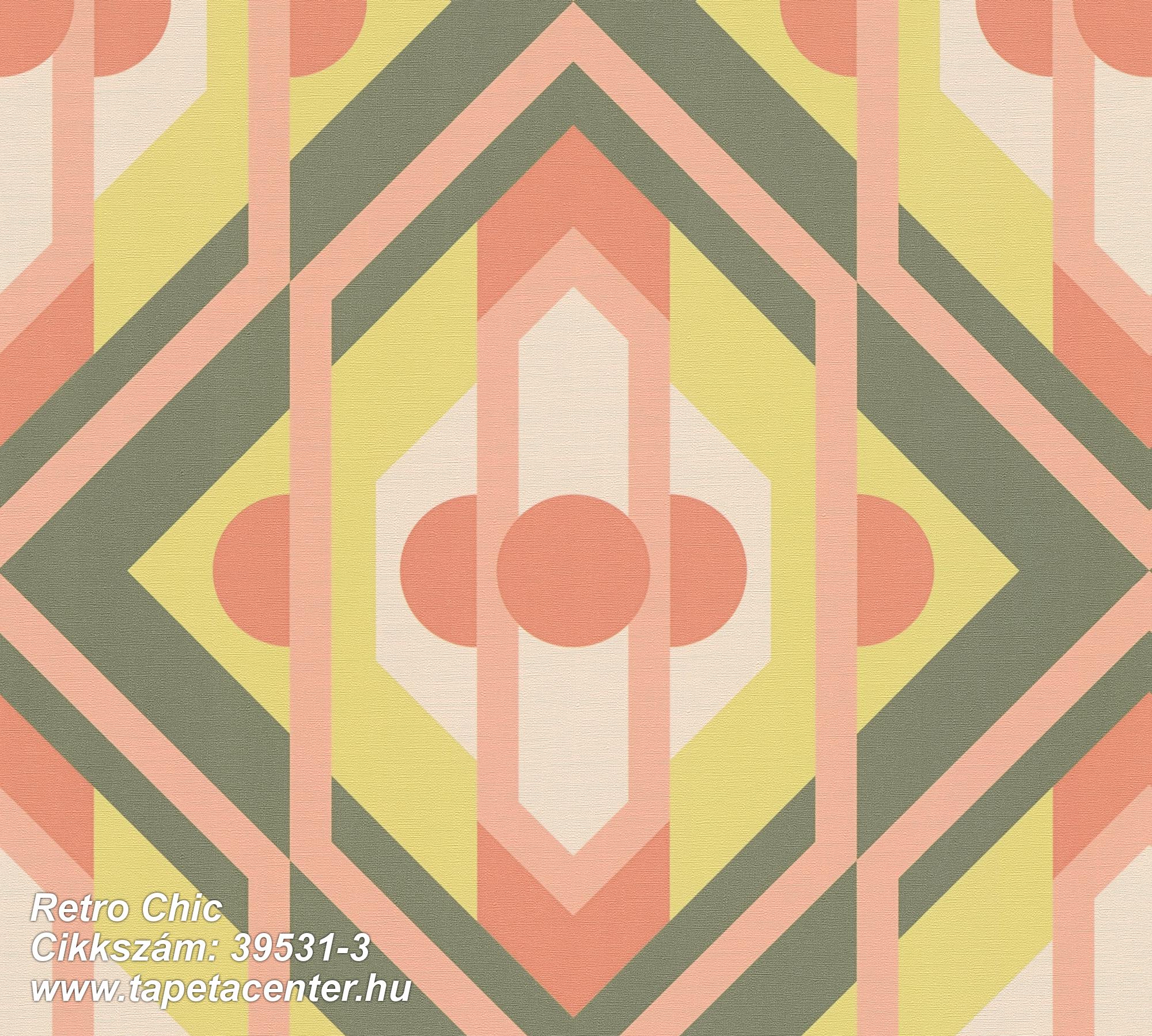 Geometriai mintás,retro,textil hatású,narancs-terrakotta,pink-rózsaszín,zöld,súrolható,vlies tapéta 